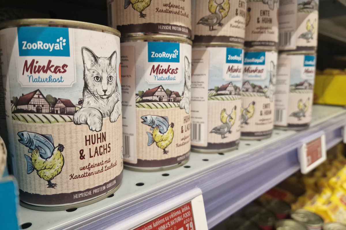 Katinų maisto skardinės, išdėstytos parduotuvės lentynoje